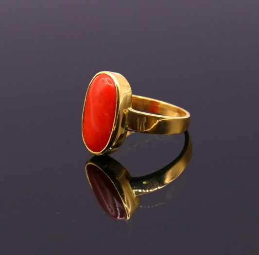 22karat yellow gold handmade real red coral stone unisex ring fabulous band from rajasthan india - TRIBAL ORNAMENTS