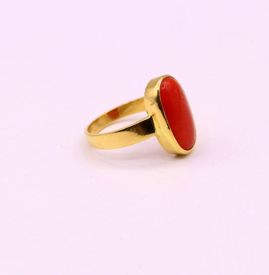 22karat yellow gold handmade real red coral stone unisex ring fabulous band from rajasthan india - TRIBAL ORNAMENTS