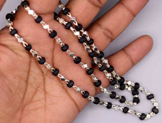 925 Silver handcrafted Black Basil rosary beads with silver beads necklace chain tulsi mala use in Ayurveda feel protected and focused ch20 - TRIBAL ORNAMENTS