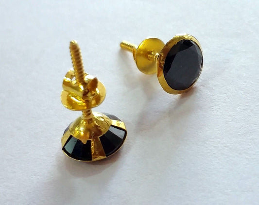 Genuine 18k yellow gold handmade fabulous black onyx stone excellent antique vintage design stud earrings pair unisex jewelry - TRIBAL ORNAMENTS