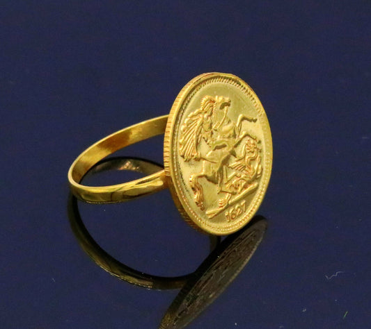 22kt yellow gold handmade ring coin ring with fabulous horse design victorian ring band unisex jewelry from rajasthan india - TRIBAL ORNAMENTS