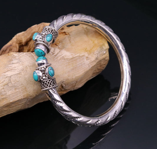 Vintage design handmade 925 sterling silver fabulous turquoise stone jadau bangle bracelet kada unisex customized jewelry from india nsk73 - TRIBAL ORNAMENTS