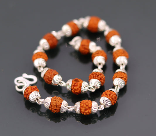 Solid silver handmade 6 mm Natural Rudraksha beads bracelet jewelry from Rajasthan India  sbr51 - TRIBAL ORNAMENTS