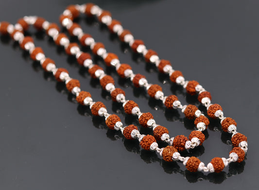 Handmade Sterling silver gorgeous natural rudraksh beads 26 inches long 54 beads japp mala necklace from rajasthan india ch38 - TRIBAL ORNAMENTS