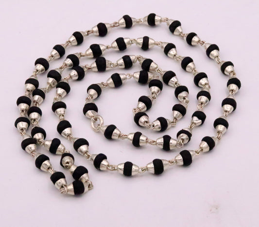 Handmade Sterling silver black basil rosary wood beads chain necklace for meditation excellent unisex tulsimala from india ch40 - TRIBAL ORNAMENTS