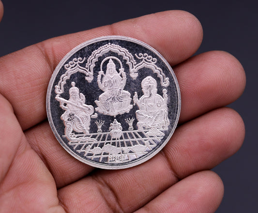 999 solid silver amazing Indian idol lord Ganesha laxmi and sarashwati print 20 grams coin amazing gifting and collcetible coin sst04 - TRIBAL ORNAMENTS