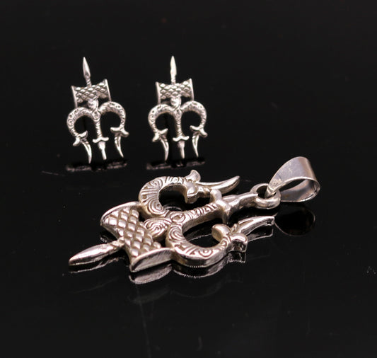 Awesome pretty design Lord Shiva trident shape pendant with tiny trident stud 925 sterling silver amazing fabulous set tribal jewelry nsp231 - TRIBAL ORNAMENTS