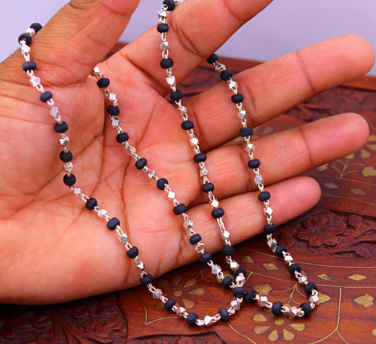 Sterling silver handmade Solid beads and black basil rosary wooden beads silver chain necklace tulsi mala use in Ayurveda meditation ch58 - TRIBAL ORNAMENTS