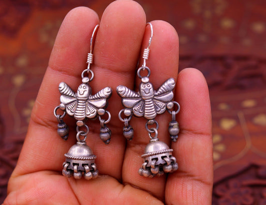 925 sterling silver handmade vintage style butterfly design hoops earring, stud earrings, jhumka with hanging bells tribal jewelry s637 - TRIBAL ORNAMENTS