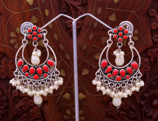 925 sterling silver handmade coral stone stud earring drop dangler , best design chandbala charm earrings hanging tiny pearl jewelry s711 - TRIBAL ORNAMENTS