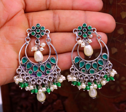 925 sterling silver handmade Green Onyx stone stud earring drop dangling, best design charm earrings hanging tiny pearl tribal jewelry s714 - TRIBAL ORNAMENTS