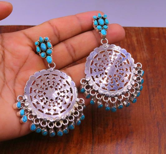 925 sterling silver handmade vintage design customized large stud earrings with turquoise stone hanging drops tribal jewelry from india s720 - TRIBAL ORNAMENTS