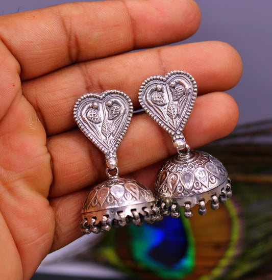 925 sterling silver handcrafted vintage attractive design stud earring jhumki, excellent hanging chandelier jhumki bells tribal jewelry s811 - TRIBAL ORNAMENTS