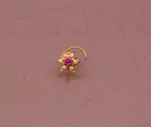 6mm white pearl and red stone fabulous 20kt yellow gold nose pin nose stud Indian vintage antique design handmade tribal jewelry gnp25 - TRIBAL ORNAMENTS