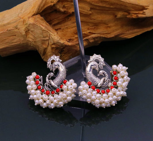 925 sterling silver handmade vintage antique design peacock stud earring fabulous hanging pearl and red coral stone earring jewelry s705 - TRIBAL ORNAMENTS