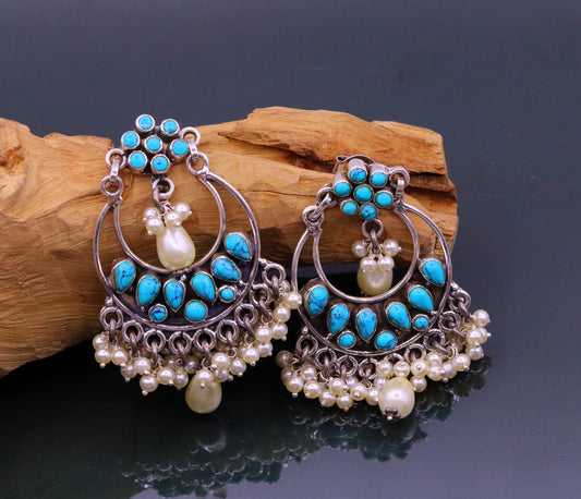 925 Sterling silver handmade fabulous pearl and turquoise stud earrings, best wedding brides collection charm earring dangler jewelry s710 - TRIBAL ORNAMENTS