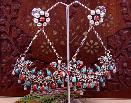 925 sterling silver handmade turquoise and coral stone fabulous long charm earring stud, drop dangle chandbala chandelier style jewelry s723 - TRIBAL ORNAMENTS