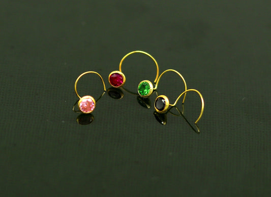 18kt yellow gold handmade CZ stone color nose pin with U band, gorgeous color stone 4 mm tiny nose pin, nose plug, best gift for girls gnp35 - TRIBAL ORNAMENTS