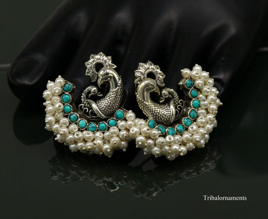 925 sterling silver handmade gorgeous peacock design stud earring with gorgeous turquoise and pearl customized earring tribal jewelry s858 - TRIBAL ORNAMENTS