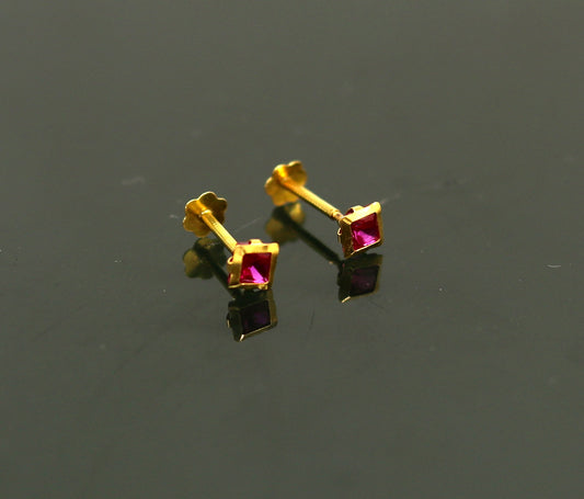 3.5mm tiny single red stone handmade 18kt yellow gold combo jewelry we can use as stud or nose stud , baby stud cartilage jewelry er109 - TRIBAL ORNAMENTS