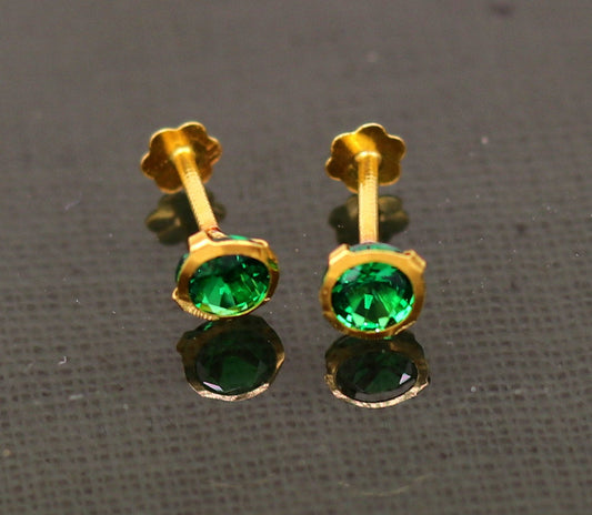 4.2mm 18k yellow gold handmade fabulous green cubic zircon stone excellent antique vintage design stud earrings pair unisex jewelry er113 - TRIBAL ORNAMENTS