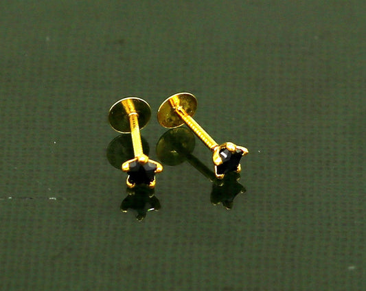 3mm or 3.5mm single black stone 18kt yellow gold handmade star shape fabulous screw back stud earring use as nose pin unisex jewelry er119 - TRIBAL ORNAMENTS