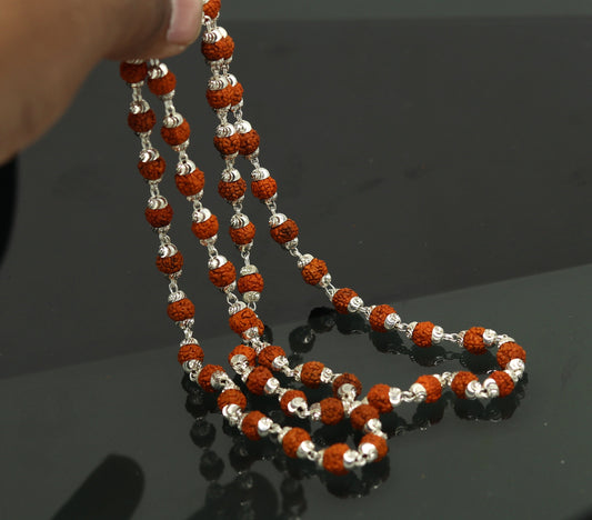 Handmade Sterling silver gorgeous natural Rudraksh beads 23" long 54 beads japp mala necklace chanting necklace praying mantra ch79 - TRIBAL ORNAMENTS