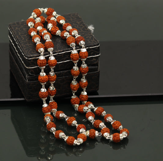 Handmade Sterling silver gorgeous natural Rudraksh beads 26" long 54 beads japp mala necklace chanting necklace praying mantra ch83 - TRIBAL ORNAMENTS