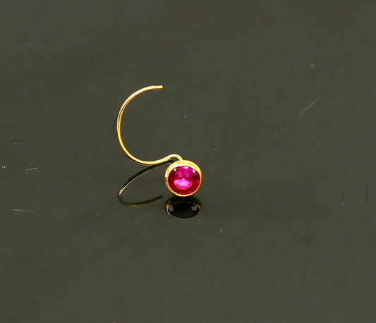 3.5mm tiny 18kt yellow gold handmade single stone nose pin U band nose stud cartilage customized pretty red stone jewelry gnp31 - TRIBAL ORNAMENTS