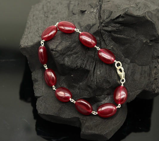 925 sterling silver handmade 7.5inches long bracelet, excellent oval shape jade red color gemstone unisex bracelet gifting jewelry nsbr186 - TRIBAL ORNAMENTS