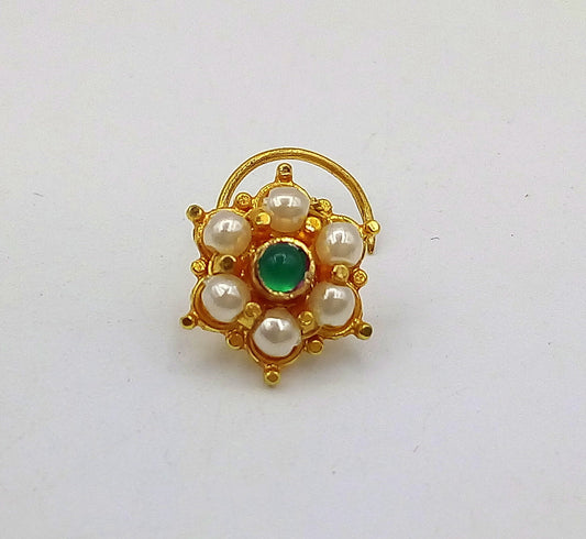 20k yellow gold handmade fabulous green stone pearl nose pin excellent antique vintage design tribal jewelry gnp20 - TRIBAL ORNAMENTS