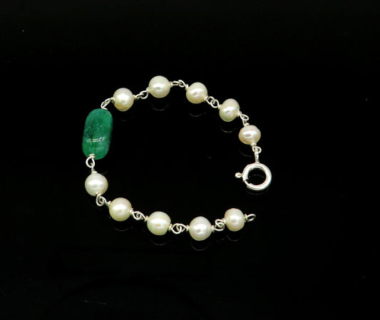 4.5 inches long handmade 925 sterling silver beaded bracelet, pearl and jade stone baby bracelet, unisex new born kids jewelry bbr5 - TRIBAL ORNAMENTS