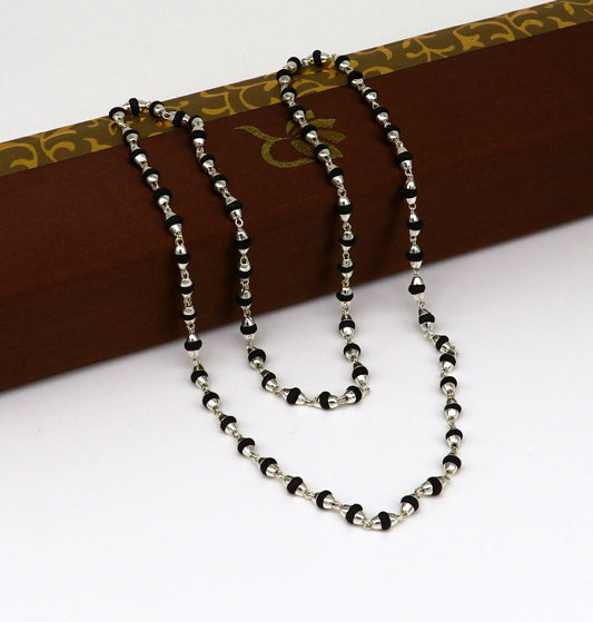 925 sterling silver black basil rosary wooden beads 4mm solid chain necklace, excellent 24" unisex stylish necklace from india ch103 - TRIBAL ORNAMENTS