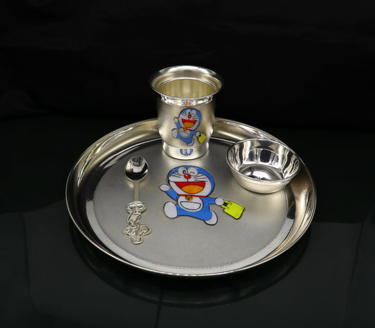 925 fine silver combo bowl, spoon ,Water/milk tumbler and plate/tray, silver baby dinner set utensils, best gifting utensils ideas sv131 - TRIBAL ORNAMENTS