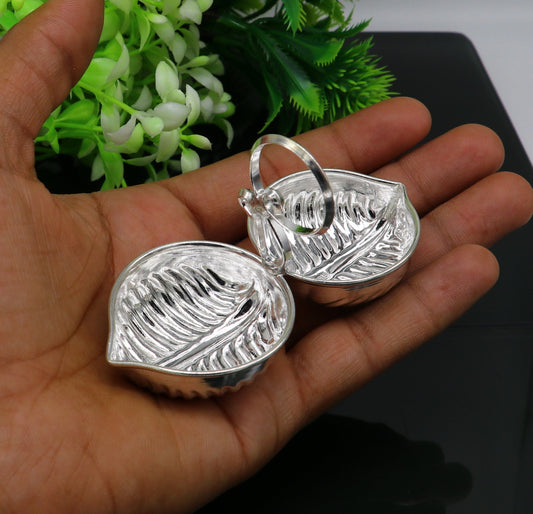 Handmade pure 925 sterling silver gorgeous leaf design stylish tilak combo mini bowl, tilak patra, puja utensils, temple article su180 - TRIBAL ORNAMENTS