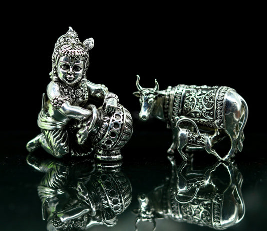 925 Sterling silver handmade Idol Krishna Bal Gopal statue figurine, Makkhan Gopal sculpture with Kamdhenu cow, silver puja article su229 - TRIBAL ORNAMENTS