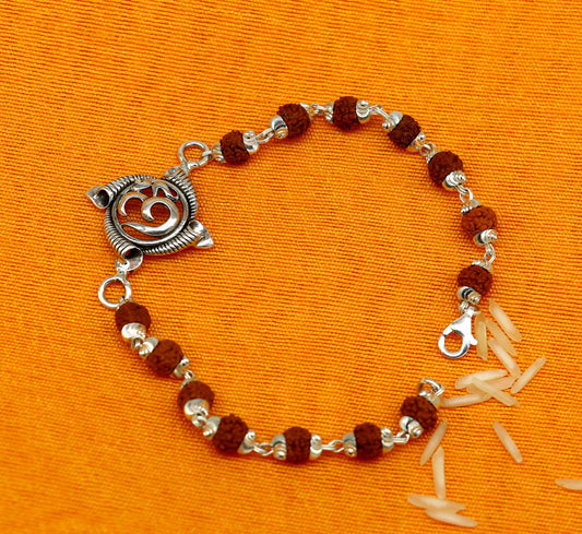 7.5 inches long handmade solid 925 sterling silver custom Aum design rudraksha Rakhi Bracelet, special personalized Rakshabandhan gift rk09 - TRIBAL ORNAMENTS