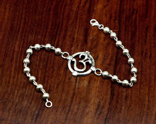 7.5 inches long handmade solid 925 sterling silver custom Aum design beaded Rakhi Bracelet, special personalized Rakshabandhan gift rk12 - TRIBAL ORNAMENTS