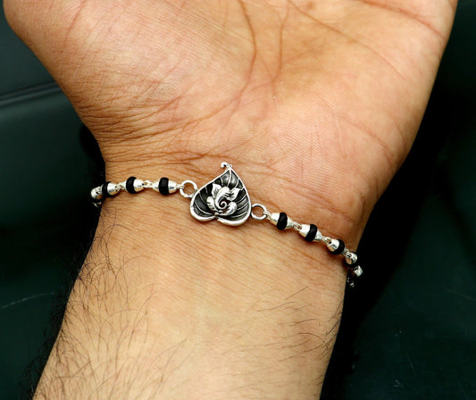 8 inches long handmade solid 925 sterling silver Ganesha design tulsi beaded Rakhi Bracelet, special personalized Rakshabandhan gift rk13 - TRIBAL ORNAMENTS