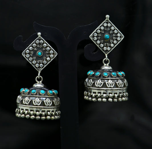 925 sterling silver chandelier stylish handmade earring jhumka, Gorgeous turquoise stone earring drop dangle, tribal ethnic earring ear740 - TRIBAL ORNAMENTS