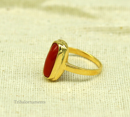 18kt or 22kt yellow gold handmade  Red coral (munga) ring band, excellent design unisex stone ring, certified hallmarked jewelry gring34 - TRIBAL ORNAMENTS