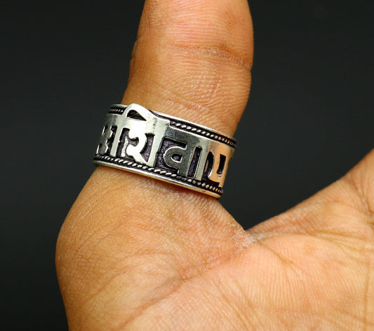 925 sterling silver 11mm wide solid handmade Adjustable idol shiva mantra "Aum Namah Shivay" ring band, thumb ring oxidized jewelry ring320 - TRIBAL ORNAMENTS