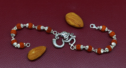 8.0" 925 Sterling silver customized rudraksha beaded 'AUM' Rakhi or bracelet. best gift for your brother's  for special Rakshabandhan rk04 - TRIBAL ORNAMENTS