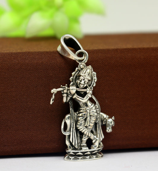 925 sterling silver vintage Antique stylish Hindu idol Krishna with cow Pendant, amazing design stunning pendant gifting jewelry ssp537 - TRIBAL ORNAMENTS