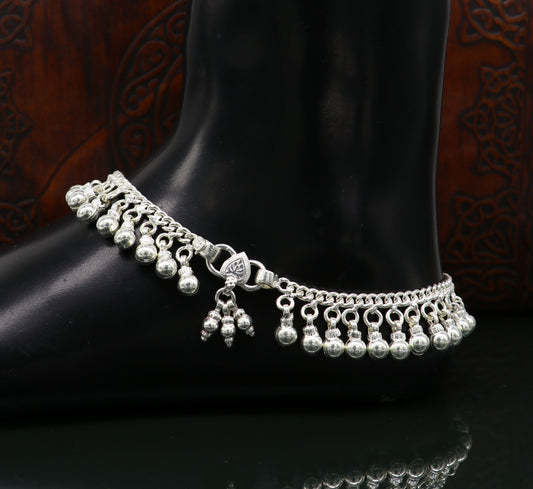 10.5" Vintage antique style sterling silver handmade solid chain ankle bracelet with amazing noisy jingle bells belly genuine jewelry ank379 - TRIBAL ORNAMENTS