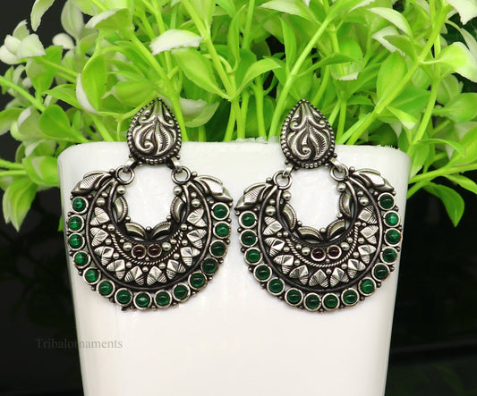 925 silver Handmade Vintage design trendy stylish stud drop dangler earring with gorgeous color stone Tribal wedding brides earrings s924 - TRIBAL ORNAMENTS