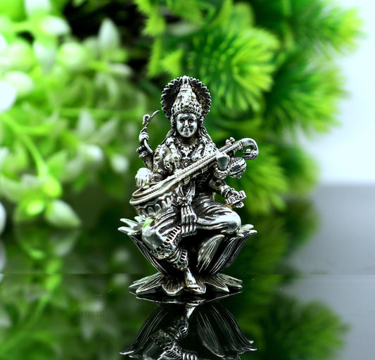 2" small 925 Sterling silver handmade customized Hindu idol Saraswati  sharda maa statue, puja article figurine, home décor Articles art121 - TRIBAL ORNAMENTS