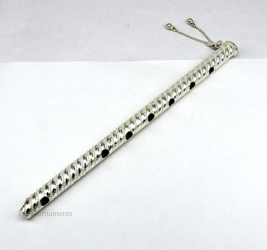 9" long handmade sterling silver Hindu god Lord Krishna flute, stunning divine Krishna gifting silver Bansuri flute, puja utensils su393 - TRIBAL ORNAMENTS