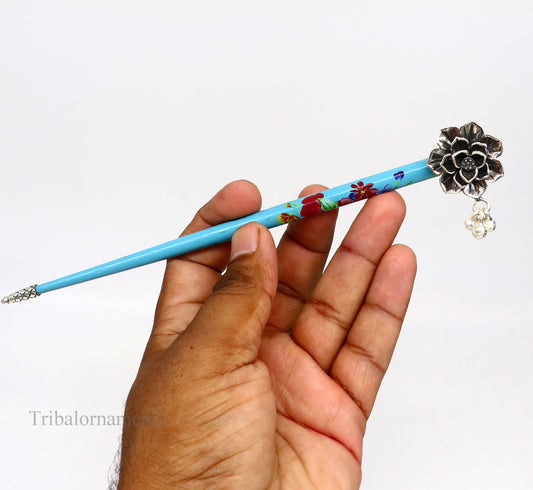 925 sterling silver customized rose flower design hair pin with wooden painted  stick amazing hair jewelry brides gifting  hc11 - TRIBAL ORNAMENTS