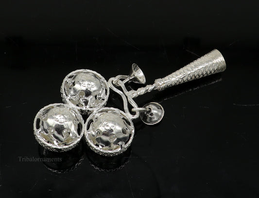 Solid sterling silver handmade design new born baby gifting bells toy, baby krishna gifting toy, silver whistle, silver temple article su410 - TRIBAL ORNAMENTS